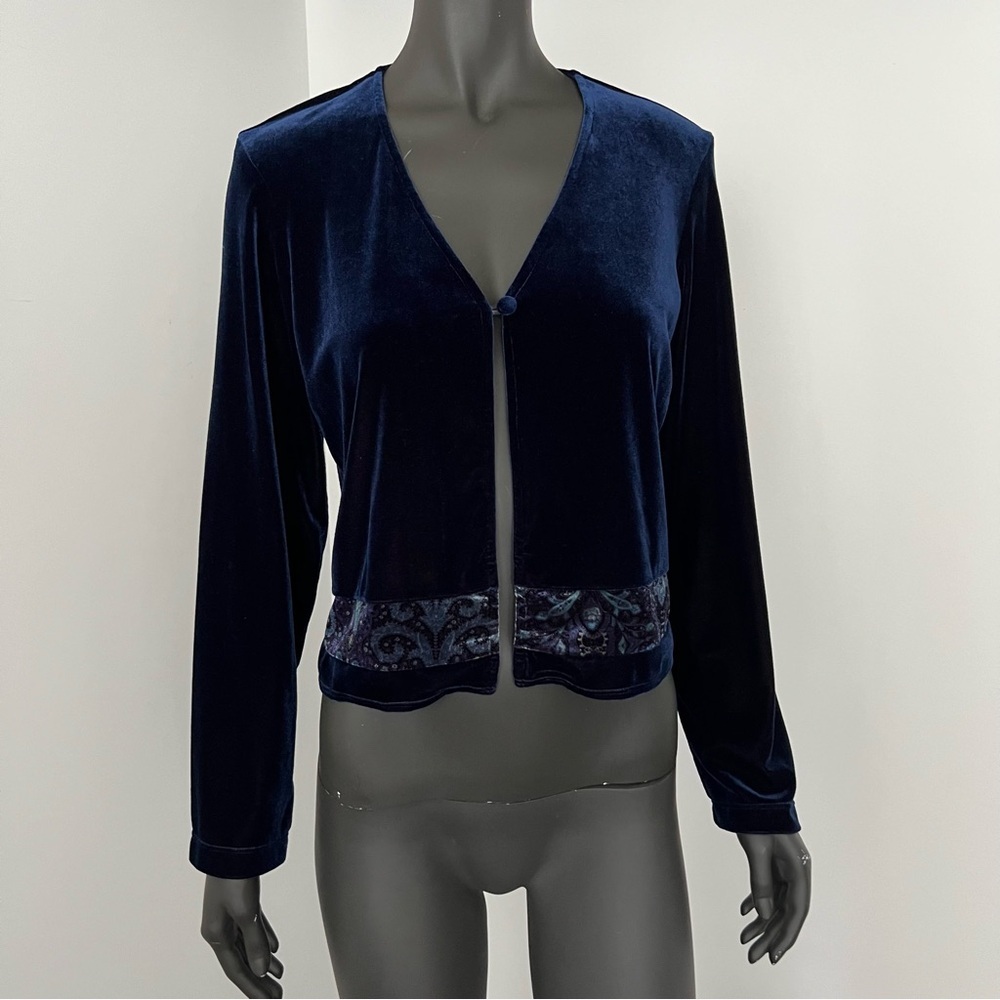 156. VTG Rabbit Designs Velour Cardigan – Paisley Trim – Navy Blue – Size 12